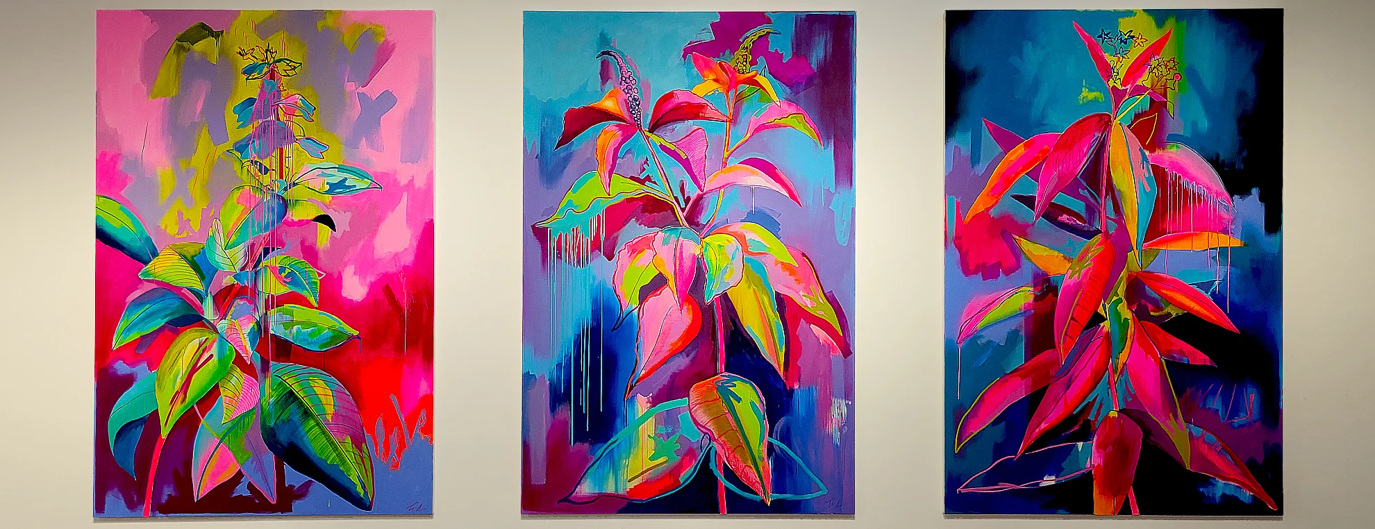 Paintings by Tim Fowler from ‘The Ground’ exhibition featuring vibrant abstract plant forms and bold colour