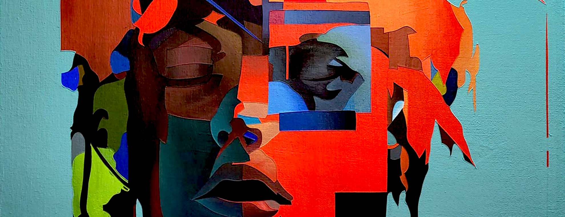 Abstract portrait painting ‘Brain Fog’ by Paul Kneen showing fragmented face with overlapping geometric shapes and layered colour
