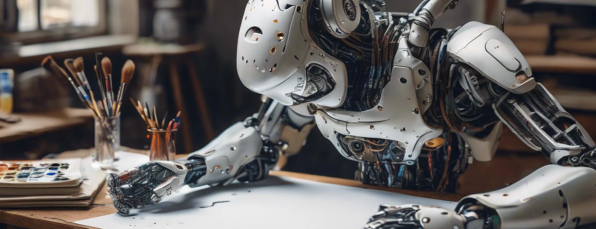 Robot creating artwork with paintbrushes and palette illustrating AI and human art debate