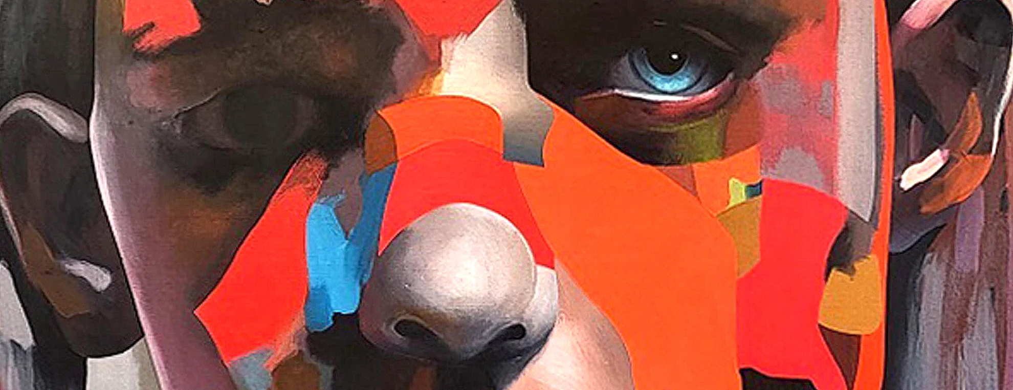 Abstract portrait painting ‘Strength from within’ by Paul Kneen showing fragmented face with intense eye and layered colour