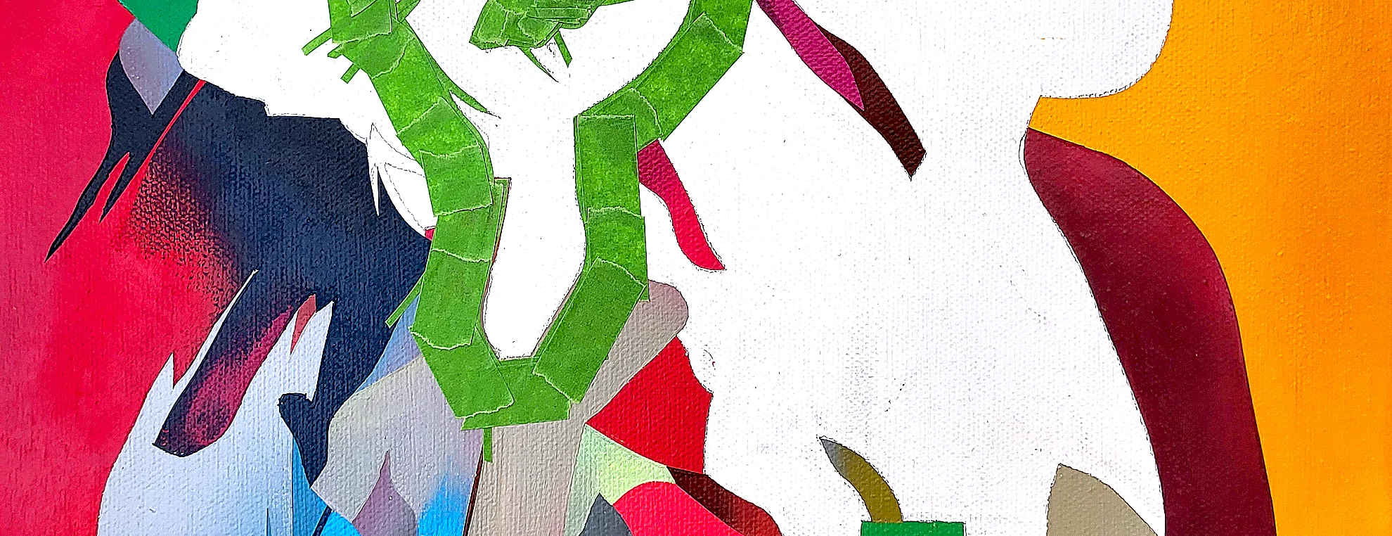 Work in progress abstract portrait painting showing masking tape and unfinished painted sections