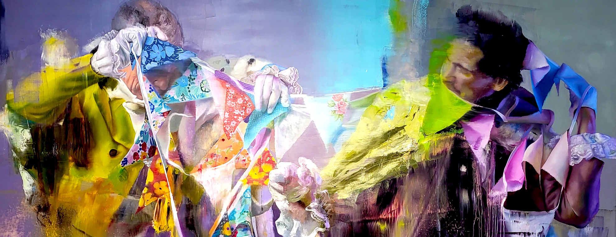 Painting by Conor Harrington from Pallium exhibition showing figures pulling fabric with dynamic movement and layered colour