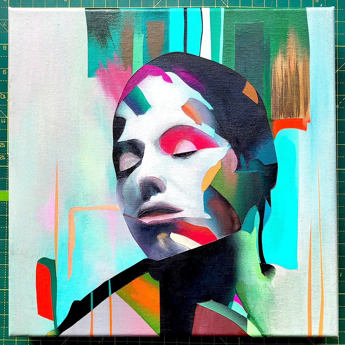 Abstract portrait painting by Paul Kneen, 30 x 30 cm acrylic on canvas