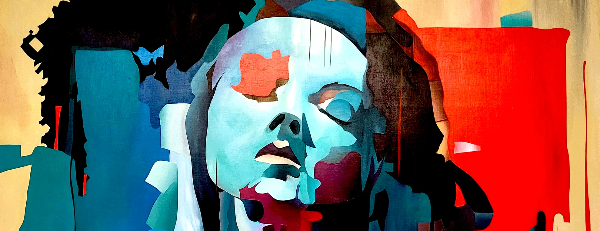 Abstract portrait painting by Paul Kneen showing fragmented face with layered geometric colour and strong red and blue contrast