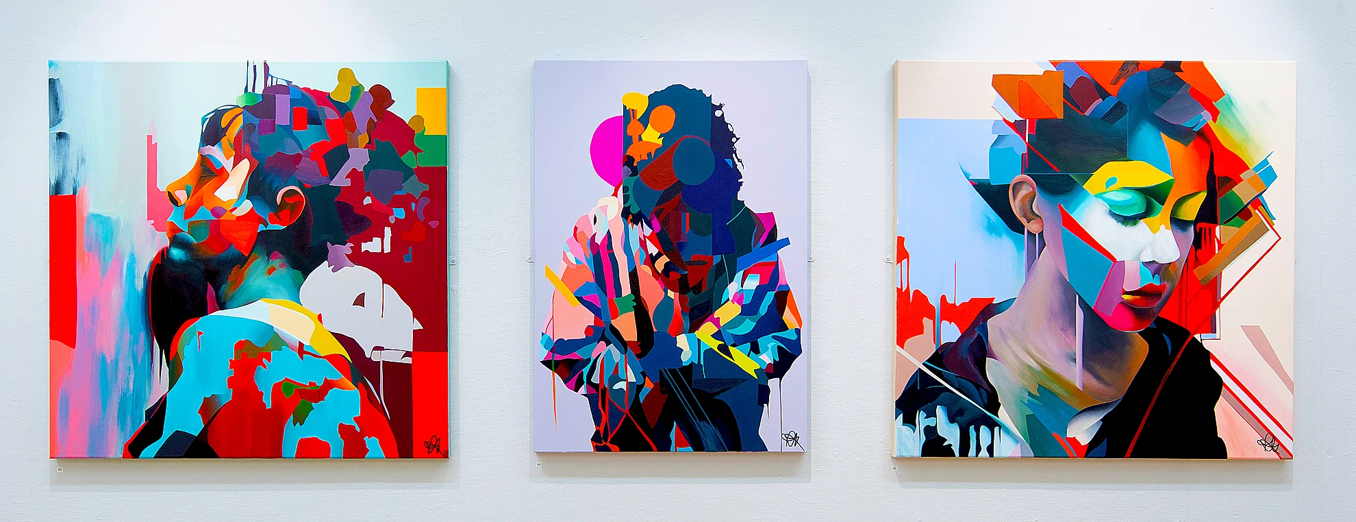 Three abstract portrait paintings by Paul Kneen showing fragmented faces, geometric structure and layered colour compositions