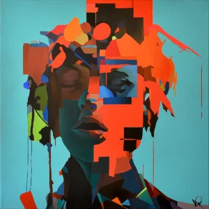 Brain Fog abstract portrait painting by Paul Kneen, fragmented geometric face with layered colour and disrupted structure