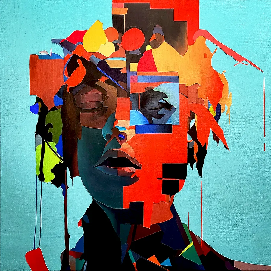 Brain Fog abstract portrait painting by Paul Kneen exploring mental overload and lack of clarity