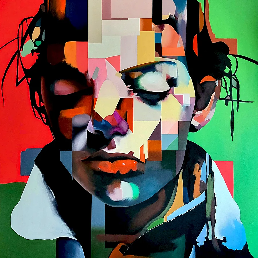 Fragmented Fears abstract portrait painting by Paul Kneen exploring inner tension and fragmented emotion