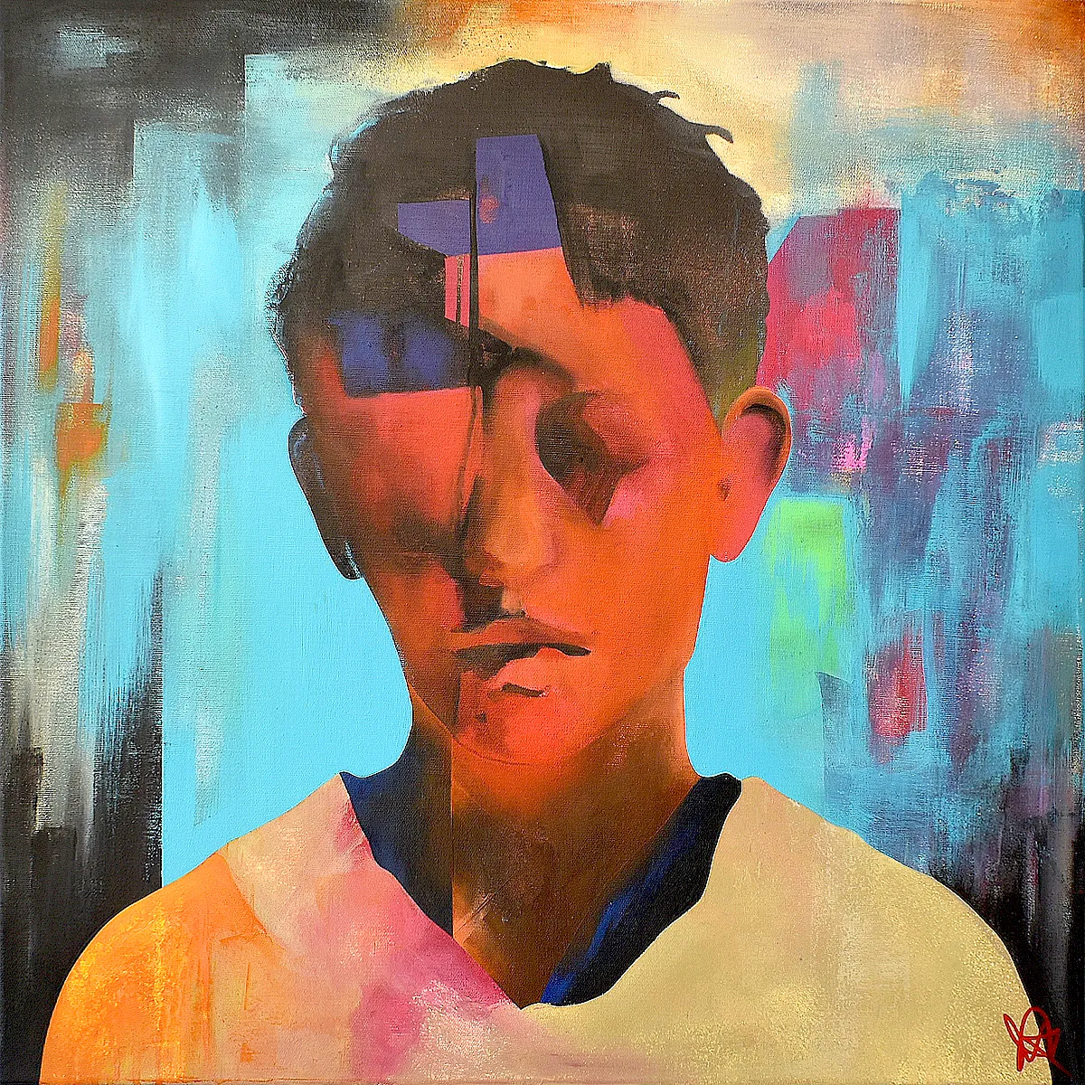 Heartfelt abstract portrait painting by Paul Kneen, expressive loose portrait with soft transitions and layered colour
