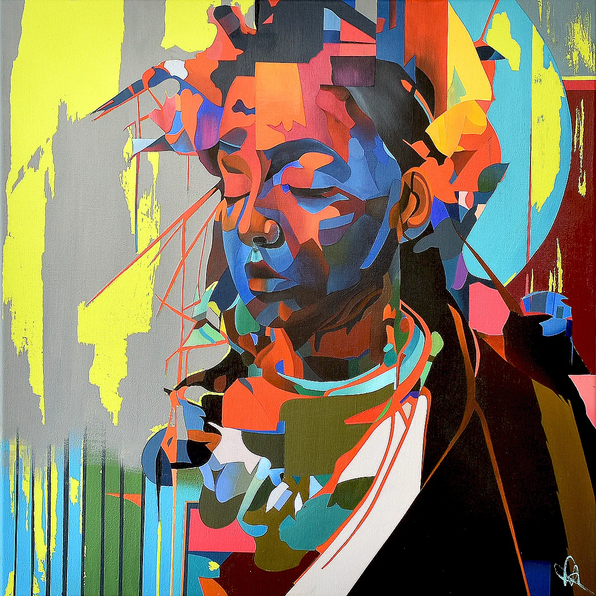 Just Breathe abstract portrait painting by Paul Kneen, colourful layered figure with closed eyes and structured geometric forms