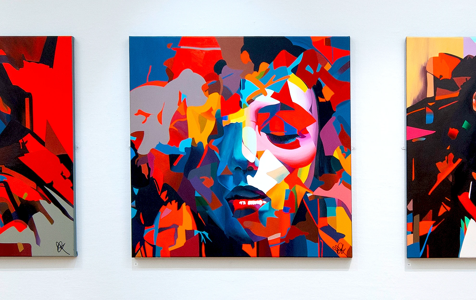 Abstract portrait painting by Paul Kneen featuring a fragmented face with bold colour and geometric forms.