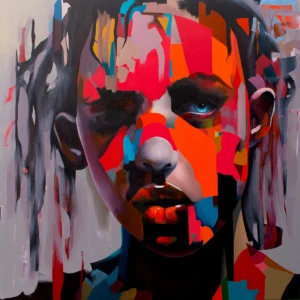 Strength from Within abstract portrait painting by Paul Kneen, colourful acrylic artwork exploring inner resilience and quiet strength