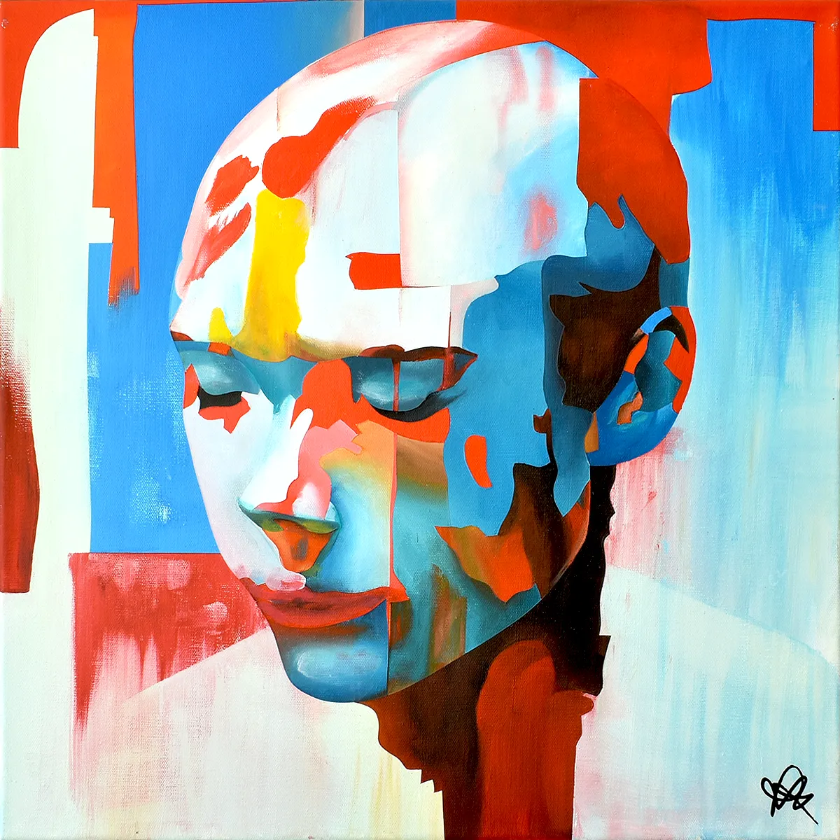 Thoughtscapes abstract portrait painting by Paul Kneen, soft layered portrait with closed eyes and flowing colour transitions
