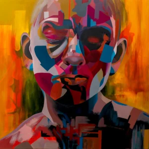 Whispers of Worry abstract portrait painting by Paul Kneen, colourful layered acrylic artwork exploring quiet tension and inner thoughts