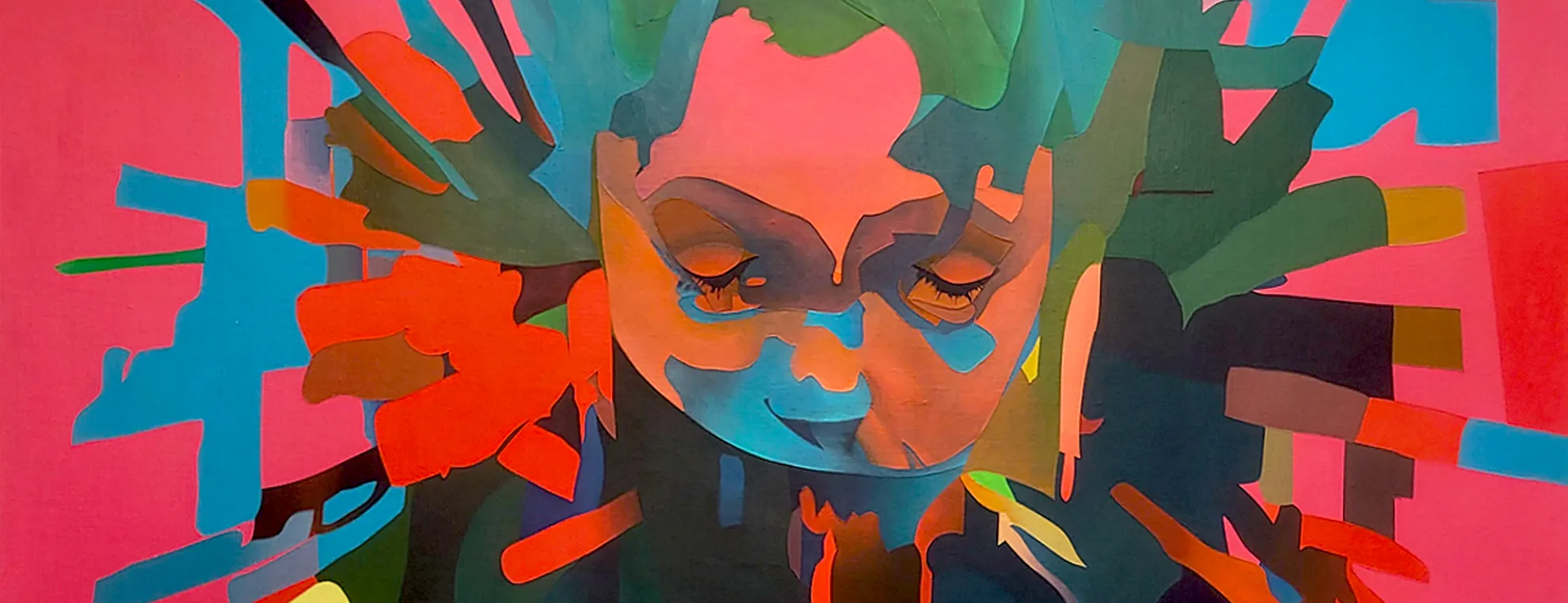 Abstract portrait painting Protection by Paul Kneen showing fragmented face and layered colour